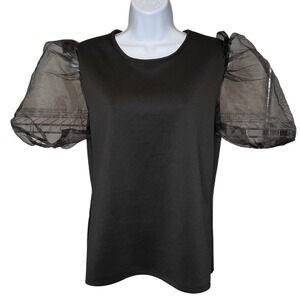 Kaktus Womens Black‎ Sheer Puff Sleeve Crew Neck Top Sz M